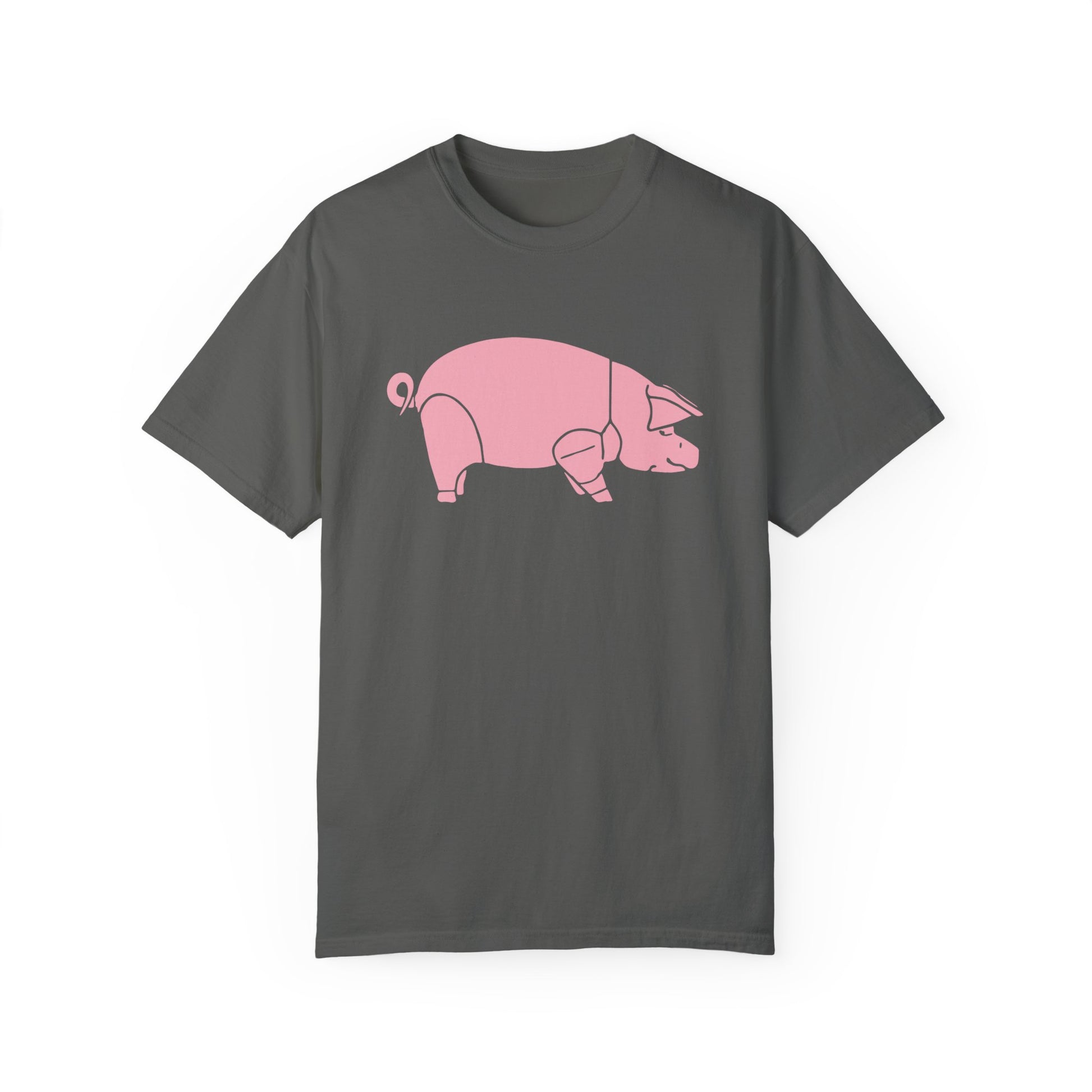 Graphic pink pig on a grey pepper T-shirt.
